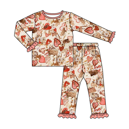 (Custom Design Preorder MOQ 5) Highland Cow Heart Print Girls Pajamas Clothes Set