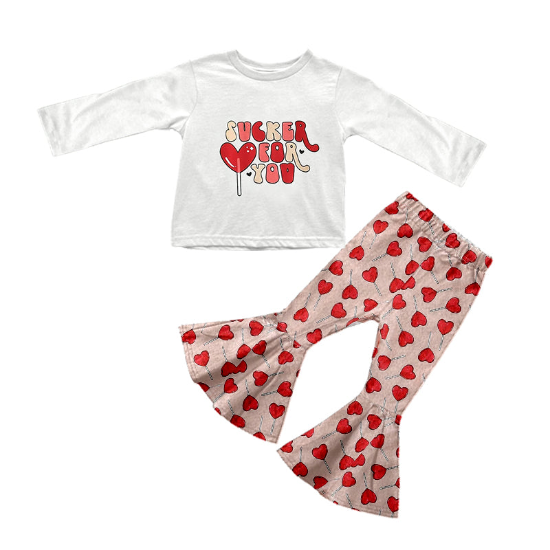 (Custom Design MOQ 5) Sucker For You Heart Print Bell Pants Girls Valentine's Clothes Set