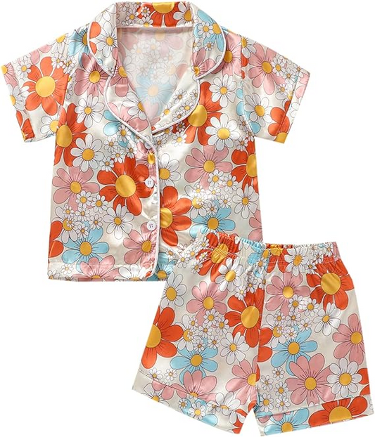 (Custom Design Preorder MOQ 5)  Colorful Flowers Print Girls Summer Pajamas Clothes Set