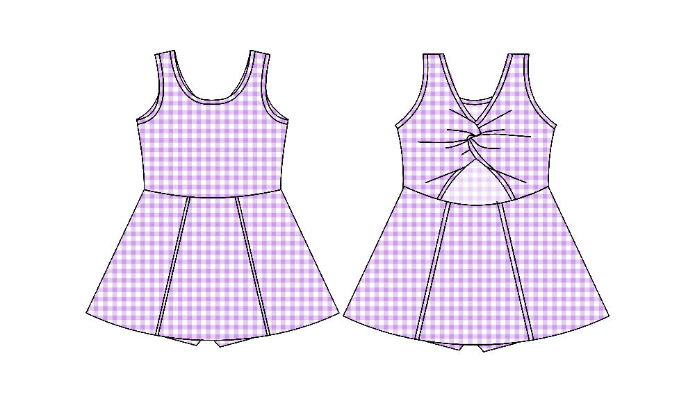 (Custom Design Preorder MOQ 5) Purple Plaid Print Girls Knee Length Shorts 1 Pieces Athletic Dress