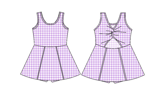 (Custom Design Preorder MOQ 5) Purple Plaid Print Girls Knee Length Shorts 1 Pieces Athletic Dress