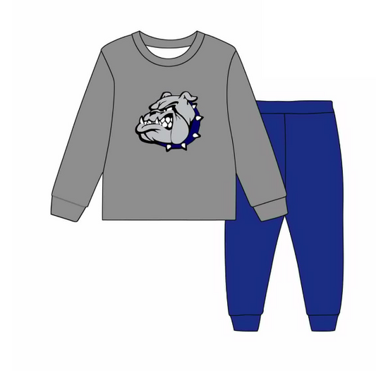 (Custom Design Preorder MOQ 5) Team's Bulldogs Grey Top Blue Pants Boys Clothes Set