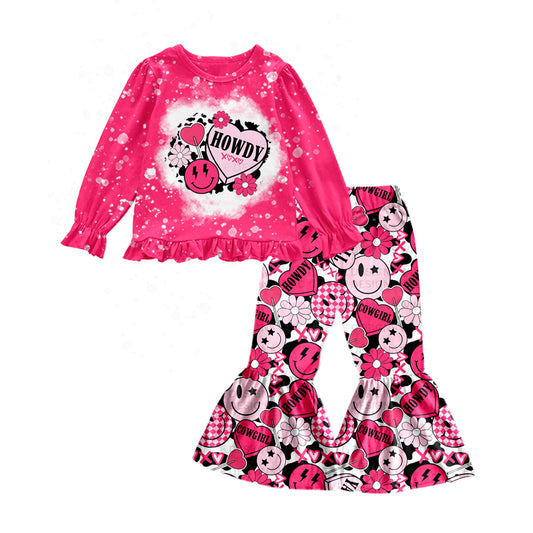 (Custom Design Preorder MOQ 5) Howdy XOXO Flowers Smiling Face Print Girls Valentine's Clothes Set