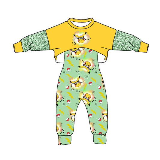 (Custom Design Preorder MOQ 5) Yellow Top Cartoon Animals Jumpsuits Girls Fall Clothes Set