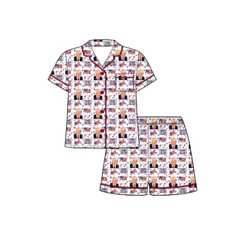 (Custom Design Preorder MOQ 5)  Trump Flag Print Girls Pajamas Clothes Set