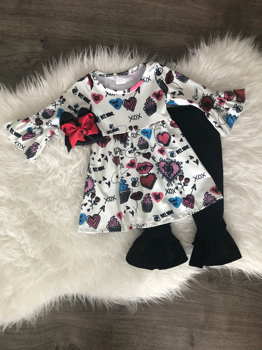 (Custom Design Preorder MOQ 5)  LOVE Heart XOX Tunic Top Black Bell Pants Girls Valentine's Clothes Sets
