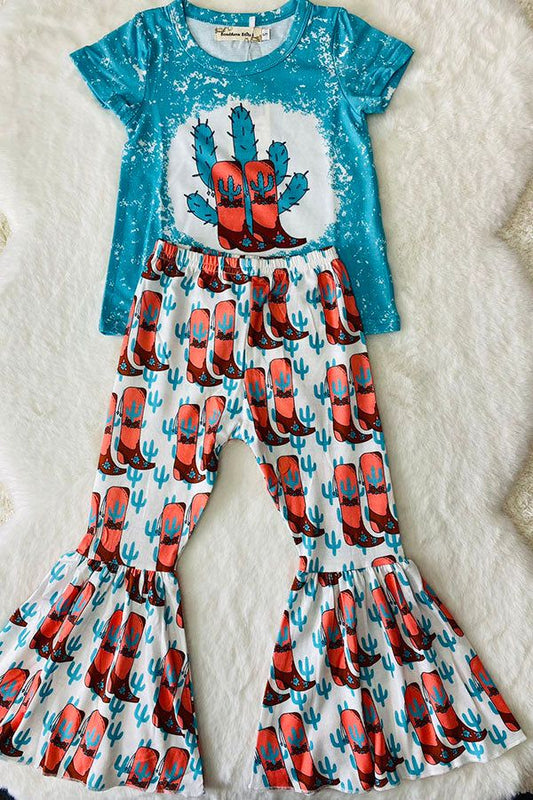 (Custom Design Preorder MOQ 5) Cactus Boots Blue Top Bell Pants Girls Western Clothes Set