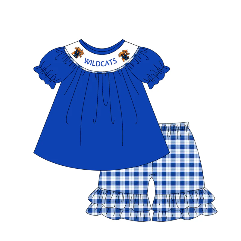 (Custom Design Preorder MOQ 5) Team's Wildcats Blue Top Plaid Shorts Girls Summer Clothes Set