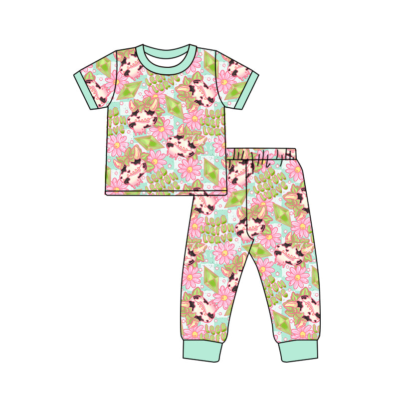 (Custom Design Preorder MOQ 5) Cows Flowers Print Girls Western Pajamas Bamboo Clothes Set