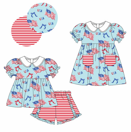 11.22(Custom Design Preorder MOQ 5 Each Design) Flag USA Bows Print Girls 4th of July Matching Clothes Sisters Wear