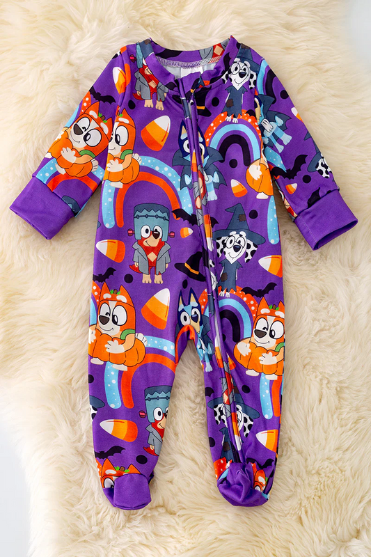 (Custom Design Preorder MOQ 5) Cartoon Dog Pumpkin Candy Purple Print Baby Halloween Sleeper Zipper Romper