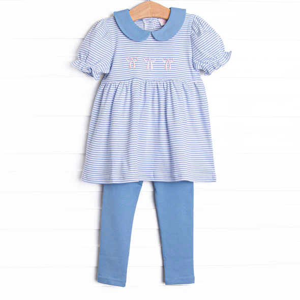 (Custom Design Preorder MOQ 5) Stripes Tunic Top Blue Legging Pants Girls Clothes Set