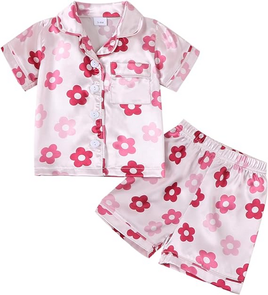 (Custom Design Preorder MOQ 5)  Pink Flowers Print Girls Summer Pajamas Clothes Set