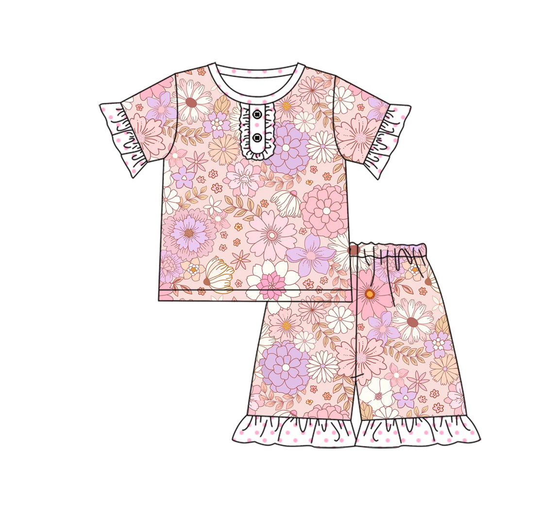 (Custom Design Preorder MOQ 5) Pink Flowers Print Girls Summer Pajamas Clothes Set