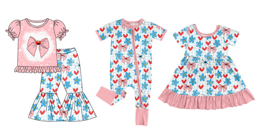 12.26(Custom Design Preorder MOQ 5 Each Design) Cartoon Street Flowers Bows Print Girls Matching Clothes Sisters Wear