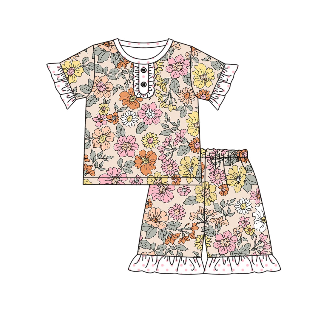(Custom Design Preorder MOQ 5) Colorful Flowers Print Girls Summer Pajamas Clothes Set