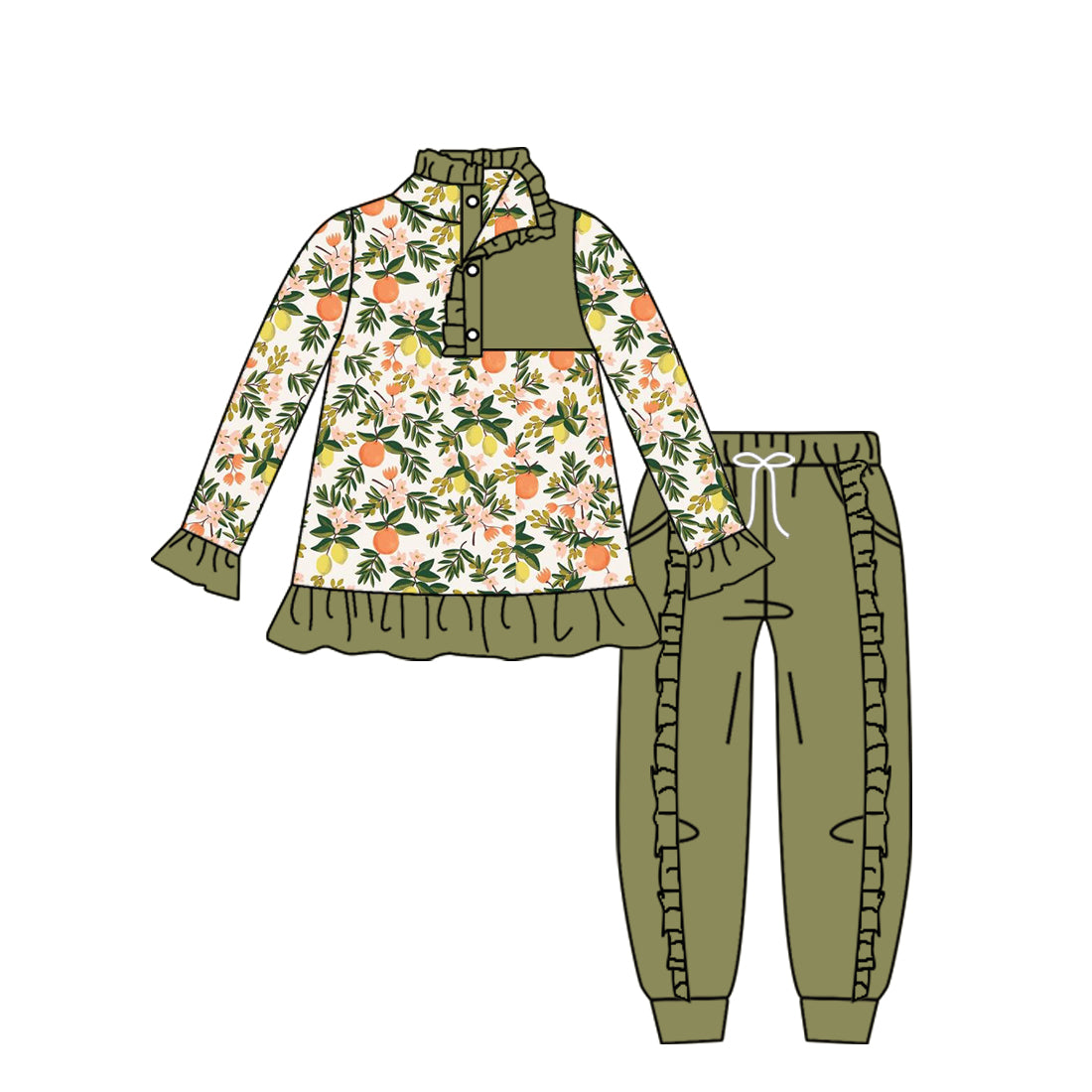 11.16(Custom Design Preorder MOQ 5) Orange Flowers Pullover Top Green Pants Girls Fall Clothes Set
