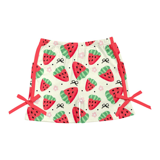 3.29(Custom Design Preorder MOQ 5) Strawberry Bows Print Girls Summer Bottom Shorts