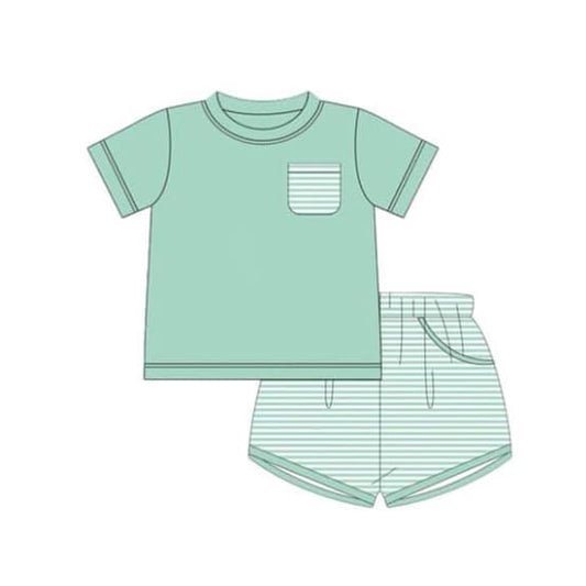 (Custom Design Preorder MOQ 5)  Green Pocket Top Stripes Shorts Boys Summer Clothes Set