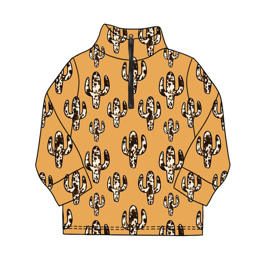 (Custom Design Preorder MOQ 5) Cactus Brown Print Kids Western Zipper Tops