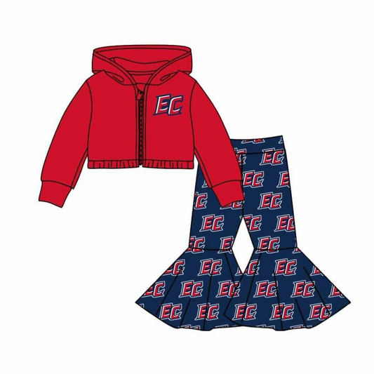 (Custom Design MOQ 5) Team's EC Red Print Bell Pants Hoodie Jacket Top Girls Clothes Set