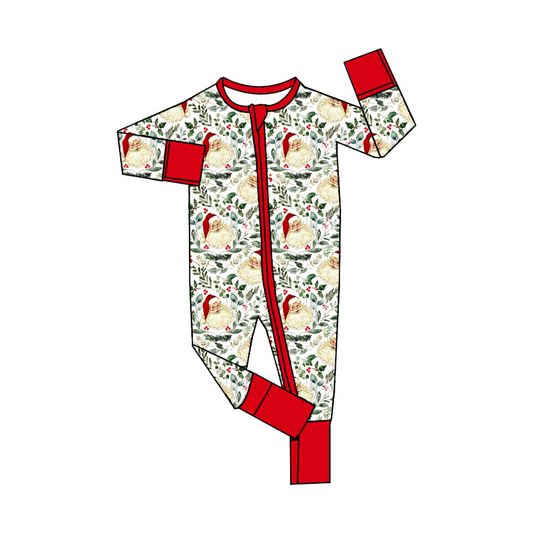 (Custom Design Preorder MOQ 5) Santa Print Baby Girls Christmas Sleeper Zipper Romper