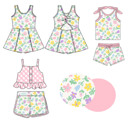 2.7(Custom Design Preorder MOQ 5 Each Design) Colorful Flowers Pink Plaid Print Girls Summer Matching Clothes Sisters Wear