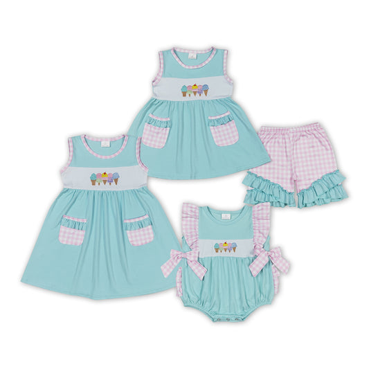 Popsicle Embroidery Blue Print Sisters Summer Matching Clothes