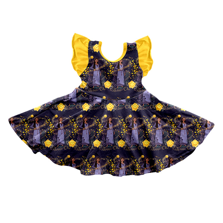 (Custom Design Preorder MOQ 5) Flutter Sleeve Wish Star Print Girls Knee Length Summer Dress