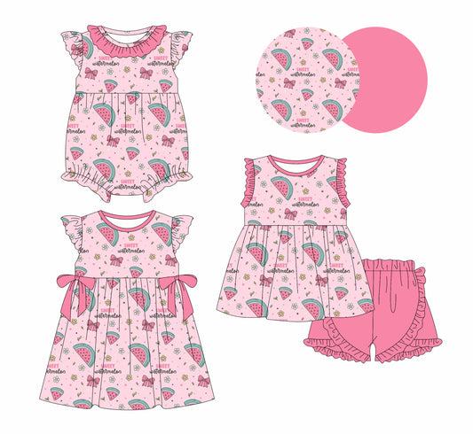 1.6(Custom Design Preorder MOQ 5 Each Design) Watermelon Flowers Print Girls Summer Matching Clothes Sisters Wear