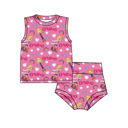 (Custom Design Preorder MOQ 5) Cartoon Figure Pink Print Shorts Baby Girls Summer Bummie Set