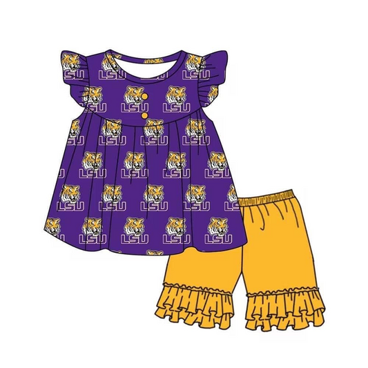 (Custom Design Preorder MOQ 5) Team's LSU TIGERS Top Yellow Shorts Girls Summer Clothes Set