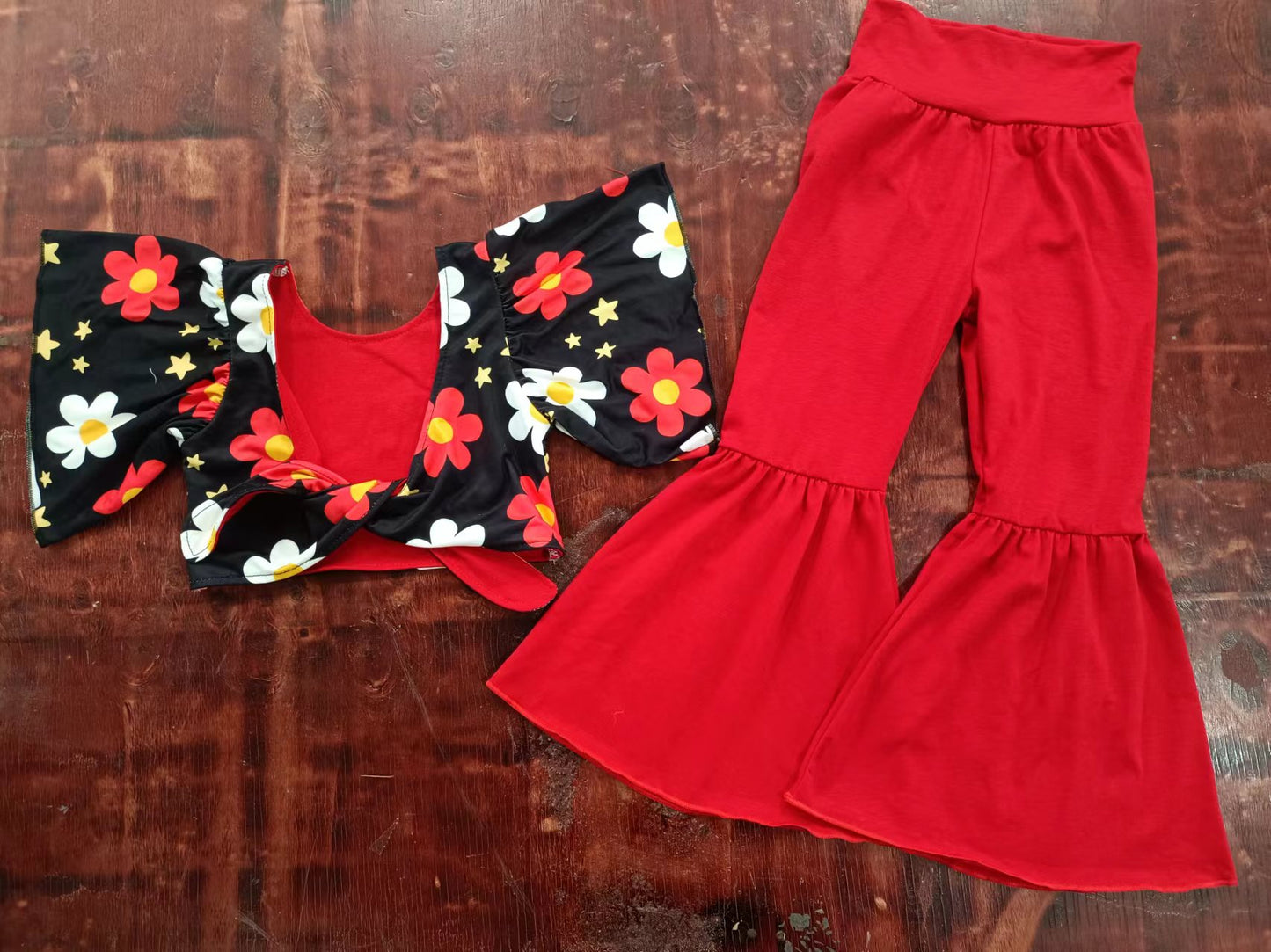 (Custom Design Preorder MOQ 5) Flowers Print Crop Backless Top Red Bell Pants Girls Summer Clothes Set