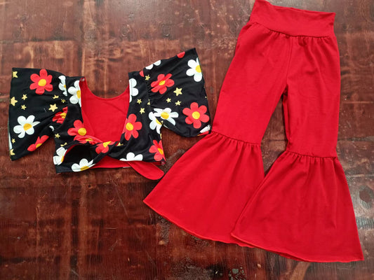 (Custom Design Preorder MOQ 5) Flowers Print Crop Backless Top Red Bell Pants Girls Summer Clothes Set