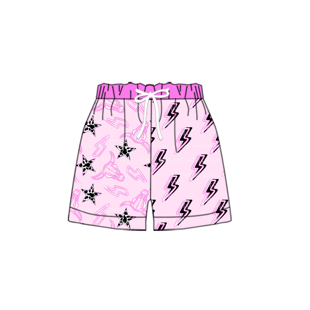 (Custom Design Preorder MOQ 5) Cow Skull Flash Pink Print Kids Western Bottom Shorts