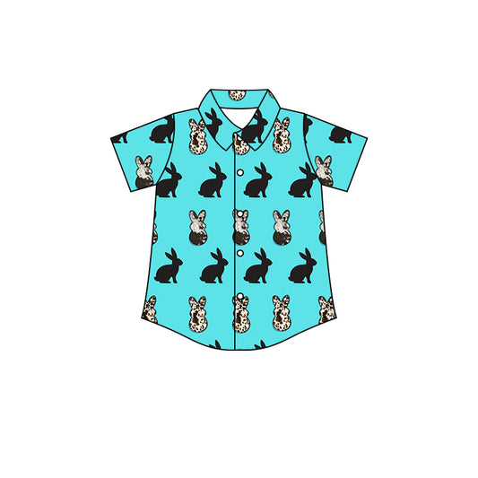 (Custom Design Preorder MOQ 5) Blue Bunny Print Boys Easter Tee Shirts Top