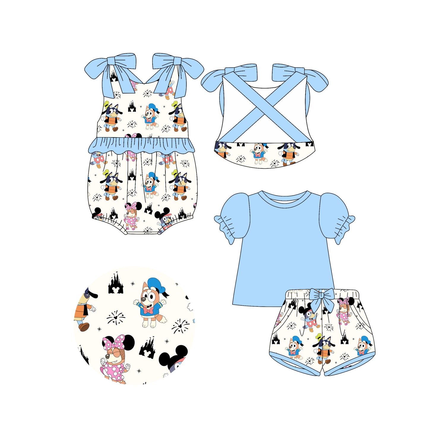 4.14(Custom Design Preorder MOQ 5 Each Design) Cartoon Dog Print Girls Summer Matching Clothes Sisters Wear