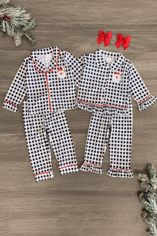 (Custom Design MOQ 5)  Black Plaid Santa Print Boys Button Pajamas Clothes Set