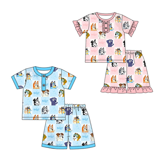 2.7(Custom Design Preorder MOQ 5 Each Design) Cartoon Dog Plaid Print Kids Summer Pajamas Matching Clothes Sibling Wear