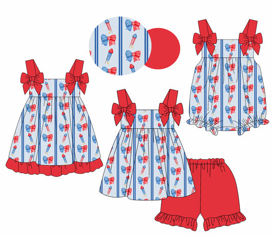 2.24(Custom Design Preorder MOQ 5 Each Design) Red Blue Bows Stars Fireworks Print Girls 4th of July Matching Clothes Sisters Wear