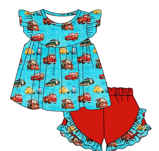 (Custom Design Preorder MOQ 5)  Cartoon Cars Print Girls Summer Clothes Set