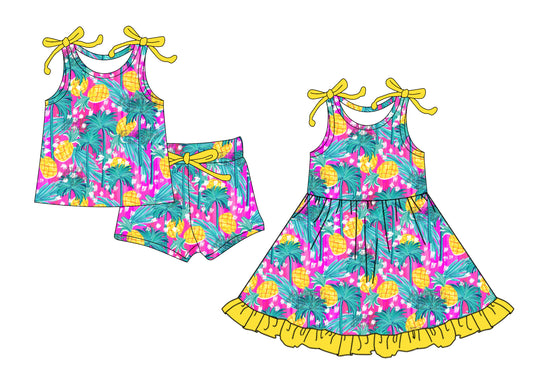 4.14(Custom Design Preorder MOQ 5 Each Design) Coconut Tree Pineapple Print Girls Summer Matching Clothes Sisters Wear