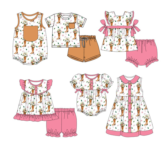3.3(Custom Design Preorder MOQ 5 Each Design) Boots Flowers Print Kids Summer Matching Clothes Sibling Wear