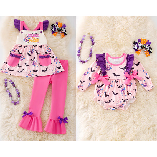 (Custom Design Preorder MOQ 5 Each Design) Cartoon Labub* Bat Pink Print Girls Halloween Matching Clothes Sisters Wear