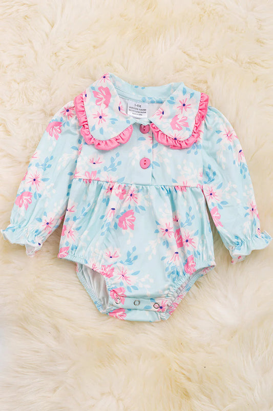 (Custom Design Preorder MOQ 5) Flowers Blue Print Baby Girls Spring Romper