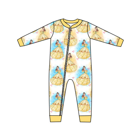 (Custom Design MOQ 5) Cartoon yellow princess baby girls zipper romper