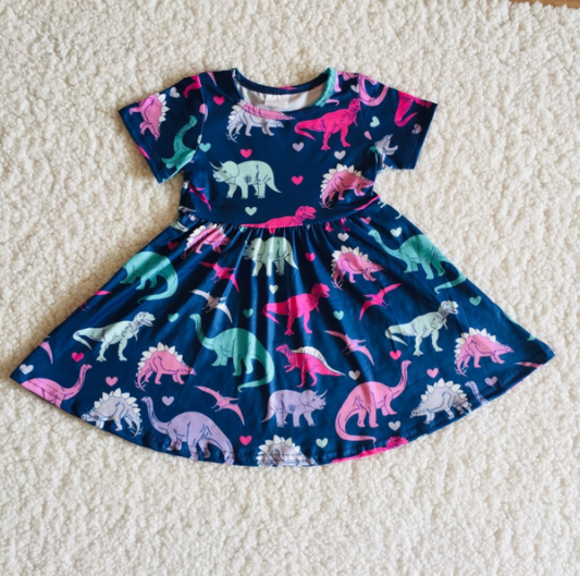 (Promotion)A0-12 Girls short sleeve dinosaur heart print dress