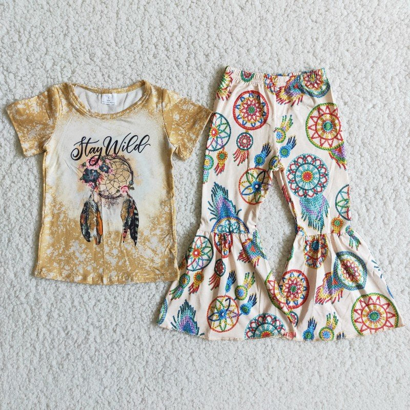 (Promotion)Stay Wild Flowers Top Bell Pants Girls Outfits  A0-14