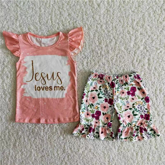 (Promotion)A14-12 Jesus Loves Me Flowers Shorts Summer Outfits