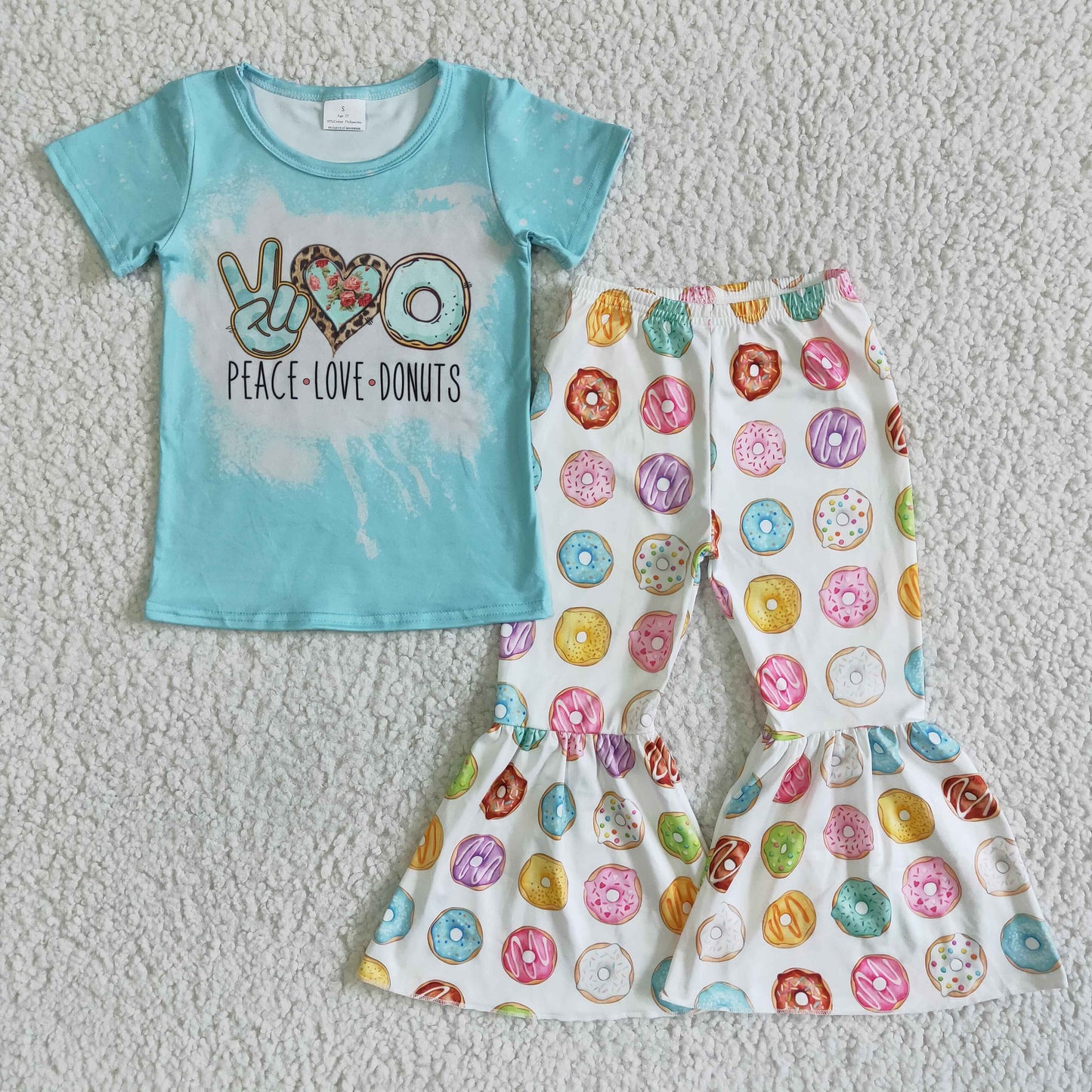 (Promotion) A14-4 Peace love donuts blue top bell bottom pants girls clothes set